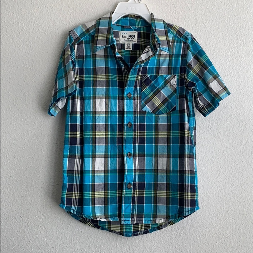 Boys blue and green plaid button up top